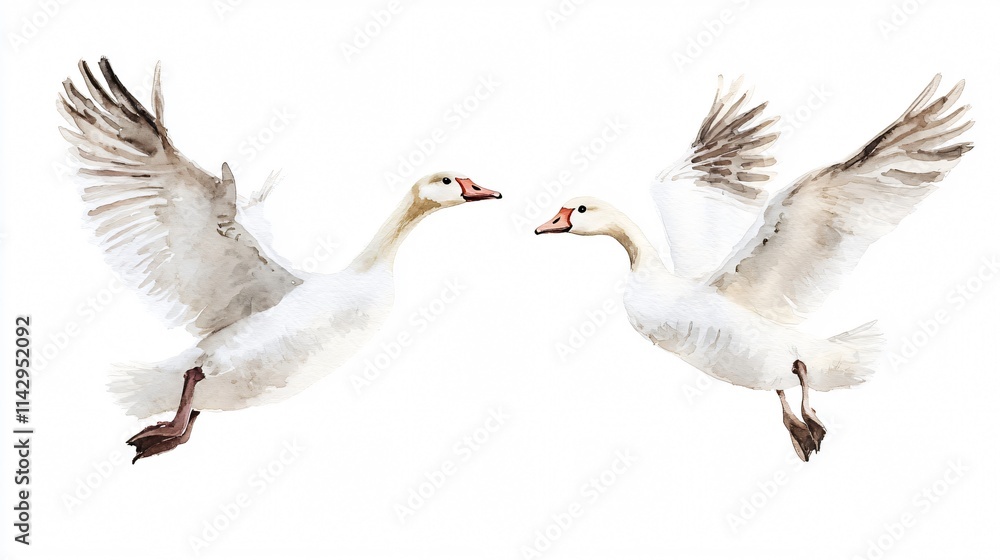 Obraz premium A Watercolor Painting of Two White Birds in Flight