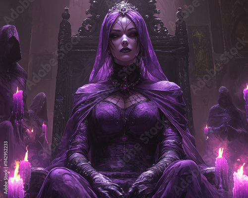 royal drow matriarch in a purple gown presides over a candlelit court with a somber air photo