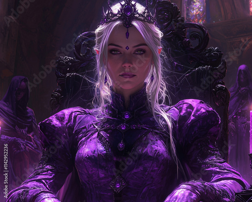 drow matriarch seated regally on a throne surrounded by shadows and candles