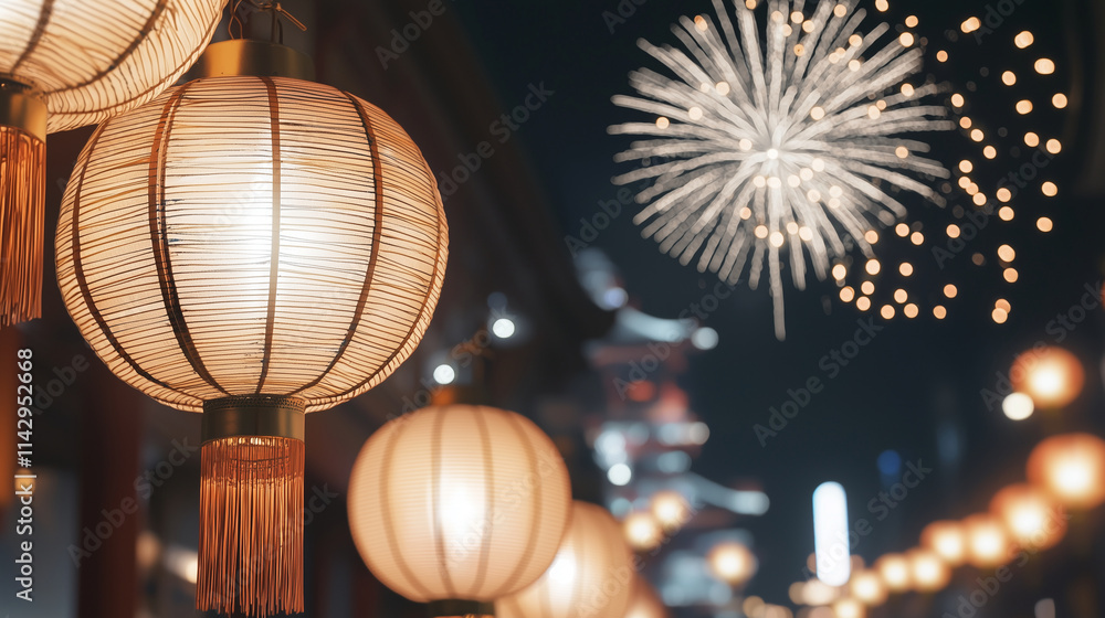 Fototapeta premium Fireworks Over Chinese Cityscape With Lanterns