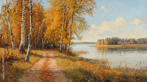 Oil Painting Russian Landscape Lake Trees