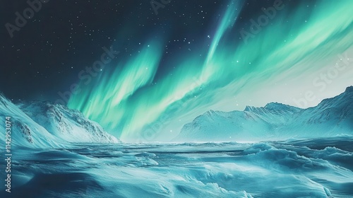 vivid green aurora borealis dancing across a frozen ice and snow-covered landscape, with an ethereal glow illuminating the night sky