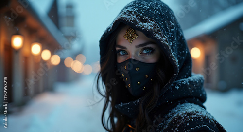 In the dimly lit streets of a frosty Russian town, a mysterious and exquisite masked kunoichi ninja glides with elegance. Her eyes, accentuated by eyeliner, gleam with stealth and determination, while photo