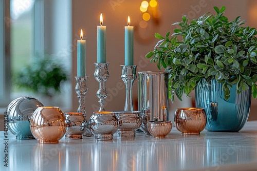 Elegant candlelit silver decor with mint green accents and lush greenery photo