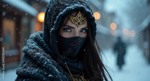 In the dimly lit streets of a frosty Russian town, a mysterious and exquisite masked kunoichi ninja glides with elegance. Her eyes, accentuated by eyeliner, gleam with stealth and determination, while photo