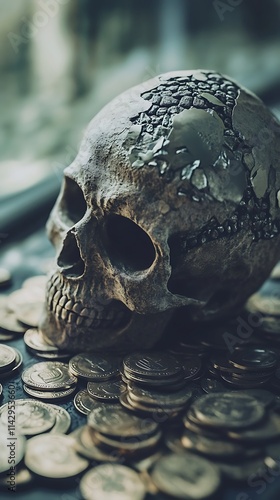 The Price of Greed: A macabre still life of a skull resting on a pile of coins, symbolizing the destructive nature of avarice and the ultimate cost of obsession with wealth. photo