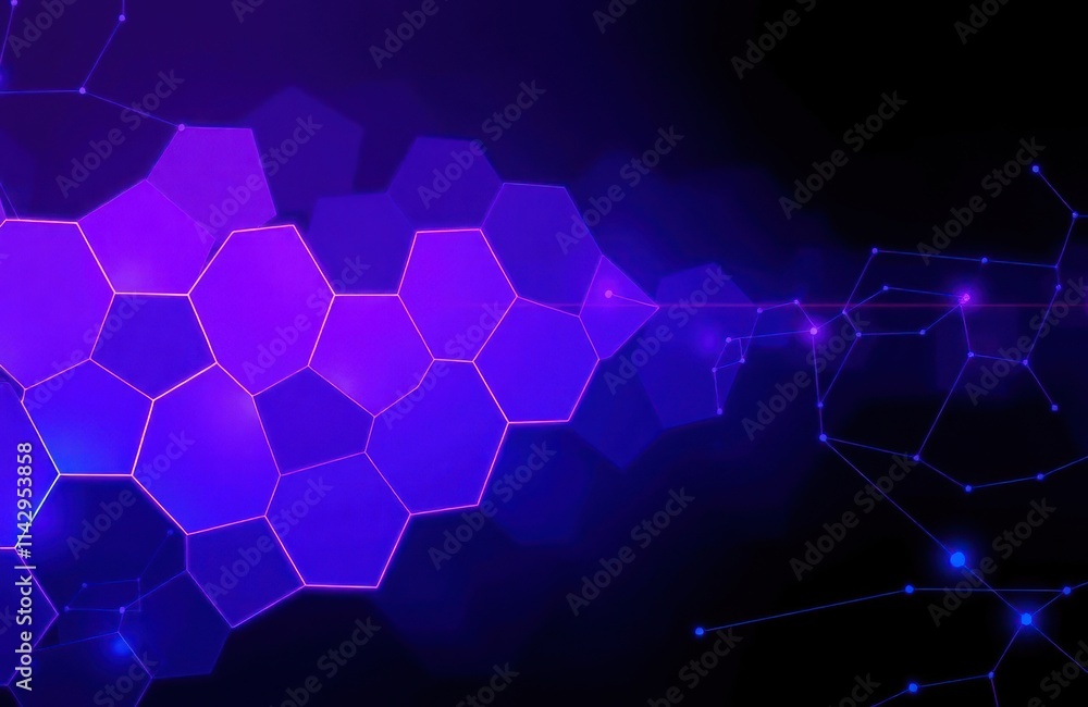 Abstract futuristic background. Neon glowing hexagons. Digital network elements. Dark pink blue gradient. Elegant design. Modern tech illustration. Dynamic structure. Seamless composition.