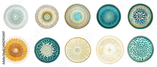Microscopic Plant Cross Sections: Teal, Gold, and Beige Diatom Areolae Patterns