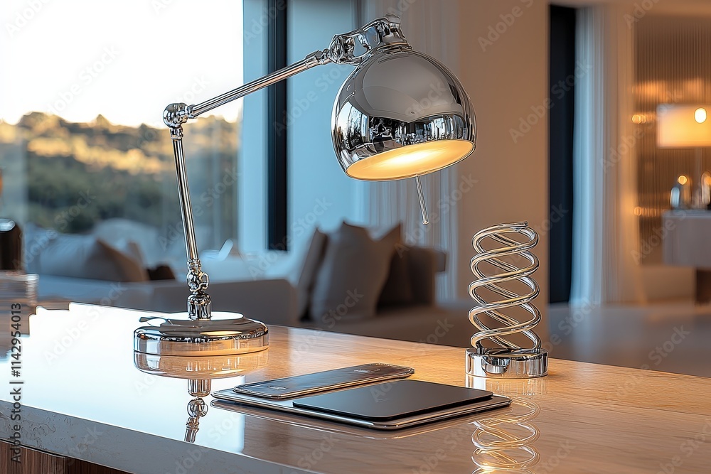 Modern workspace with metal lamp, tablet, phone, and decorative spring Modern workspace with metal lamp, tablet, phone, and decorative spring