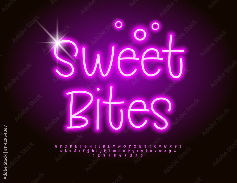Vector Neon Advertisement Sweet Bites. Handwritten Donut Font. Tasty Cake Alphabet Letters, Numbers and Symbols set Vector Neon Advertisement Sweet Bites. Handwritten Donut Font. Tasty Cake Alphabet Letters, Numbers and Symbols set
