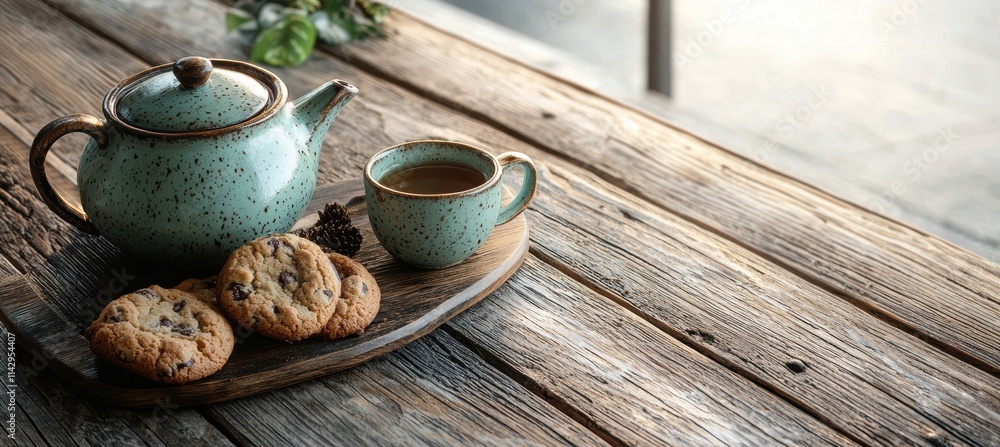Rustic Afternoon Tea Setting with Teapot and Pastries for Text Placement or Promotional Design Rustic Afternoon Tea Setting with Teapot and Pastries for Text Placement or Promotional Design