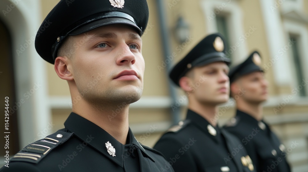 Three young male officers in formal dark uniforms stand at attention outdoors. Three young male officers in formal dark uniforms stand at attention outdoors.