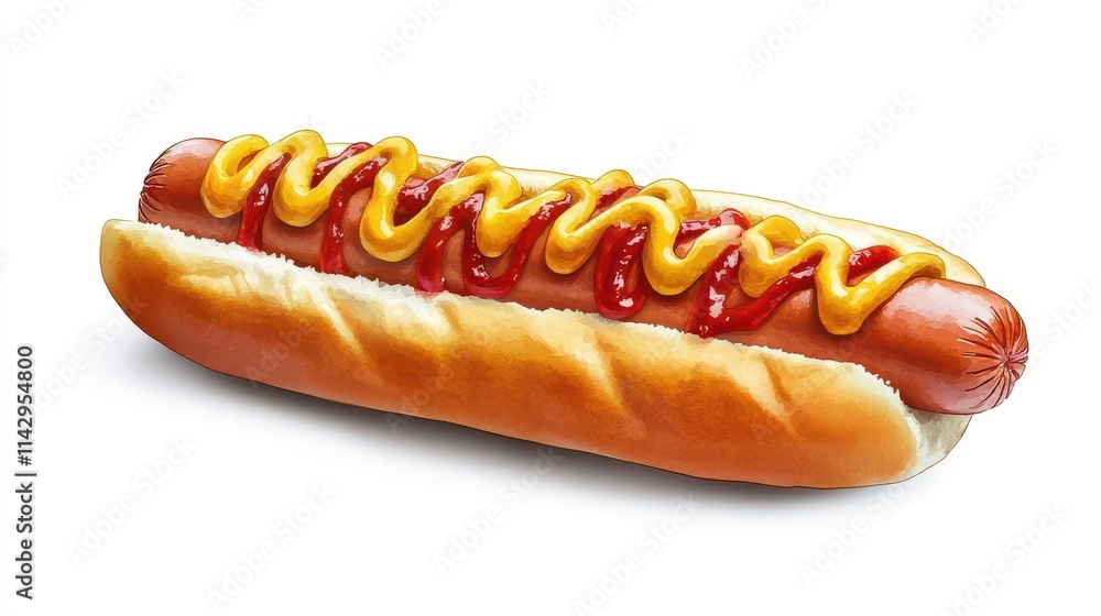 watercolor hot dog, isolated against a white backdrop, bursts with vibrant colors and artistic flair; a playful yet mouth-watering depiction of a classic fast food item watercolor hot dog, isolated against a white backdrop, bursts with vibrant colors and artistic flair; a playful yet mouth-watering depiction of a classic fast food item