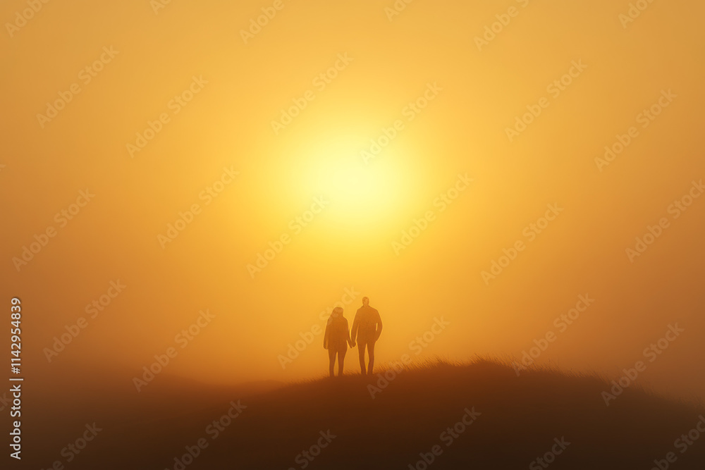 Silhouette Couple Sunrise Fog Minimalist Landscape Silhouette Couple Sunrise Fog Minimalist Landscape