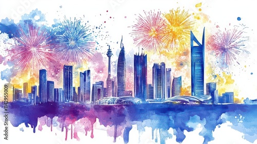 watercolor illustration celebrating saudi national day, featuring modern architecture and fireworks, capturing cultural pride and festivity photo