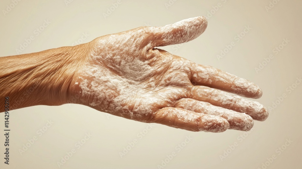 Fototapeta premium Psoriasis Treatment. Dermatology, Skin Care, Chronic, Inflammation, Scaly, Red, Rash, Autoimmune, Itchy, Medical, Therapy, Patient, Condition, Health, Problem, Dry, Allergy, Dermatological, Pain, Illn