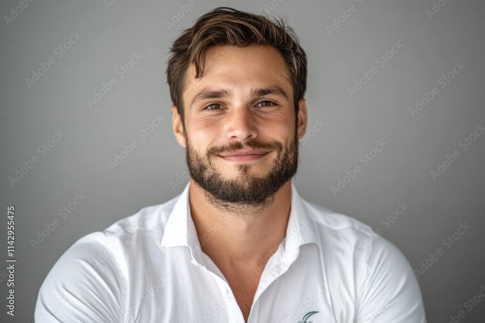 A man smiles warmly at the camera, exuding confidence and approachability in a crisp white shirt against a plain backdrop. A man smiles warmly at the camera, exuding confidence and approachability in a crisp white shirt against a plain backdrop.