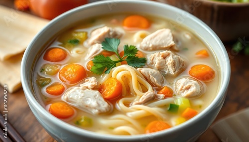 Delicious chicken noodle soup in bowl. Tender chicken pieces, vibrant carrots, celery visible. Fresh parsley garnish adds delightful touch. Soft ambient lighting highlights soup warmth, freshness.