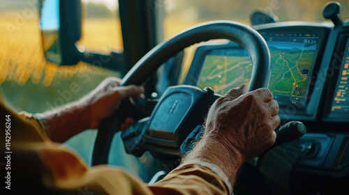 Innovative Farming Practices: Farmer Steering High-Tech Tractor with Digital Field Monitoring photo