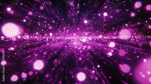 waves of digital purple particles interspersed with glimmering light dots, creating a sense of depth and motion in a futuristic setting