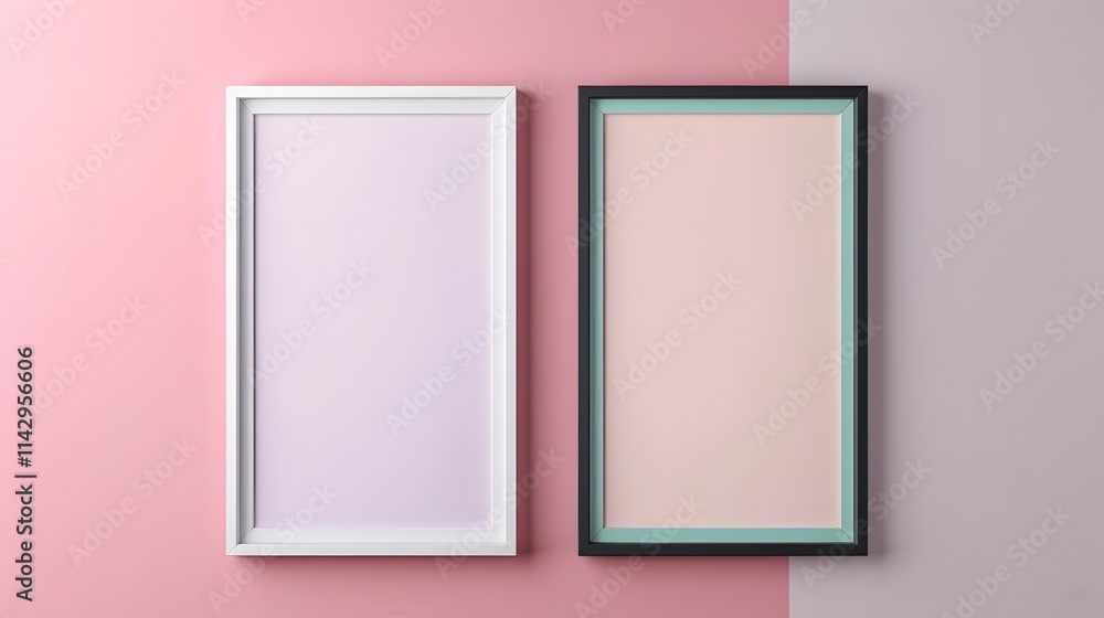 Two vertical picture frames in white and black with pastel pink and lavender backdrops, arranged on a split pink and lavender background. Minimalistic art and decor concept for design and print.
Two vertical picture frames in white and black with pastel pink and lavender backdrops, arranged on a split pink and lavender background. Minimalistic art and decor concept for design and print.