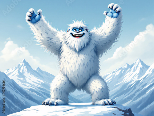 Happy baby yeti with arms raised, smiling joyfully.
