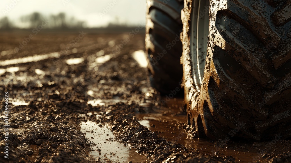 Fototapeta premium Rugged Tractor Tire Navigating Muddy Plowed Field Showcasing Durability and Earthy Textures