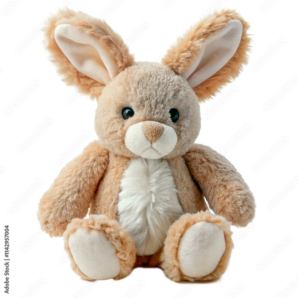 A light brown plush bunny with a white chest and large ears. A light brown plush bunny with a white chest and large ears.