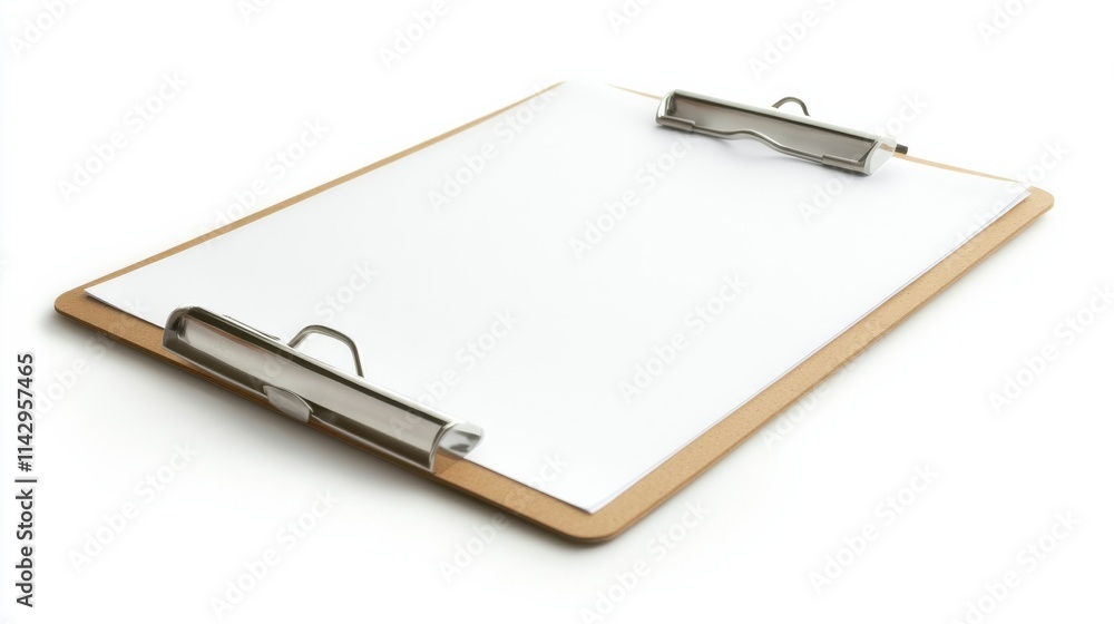 Blank Clipboard with Metal Clips on a Clean Surface Ideal for Office Use, Note Taking, or Document Display and Presentation in Professional Settings Blank Clipboard with Metal Clips on a Clean Surface Ideal for Office Use, Note Taking, or Document Display and Presentation in Professional Settings