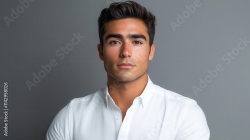 young man in a crisp white shirt posing confidently against a neutral gray background, capturing a sense of modernity and professionalism in a minimalistic style