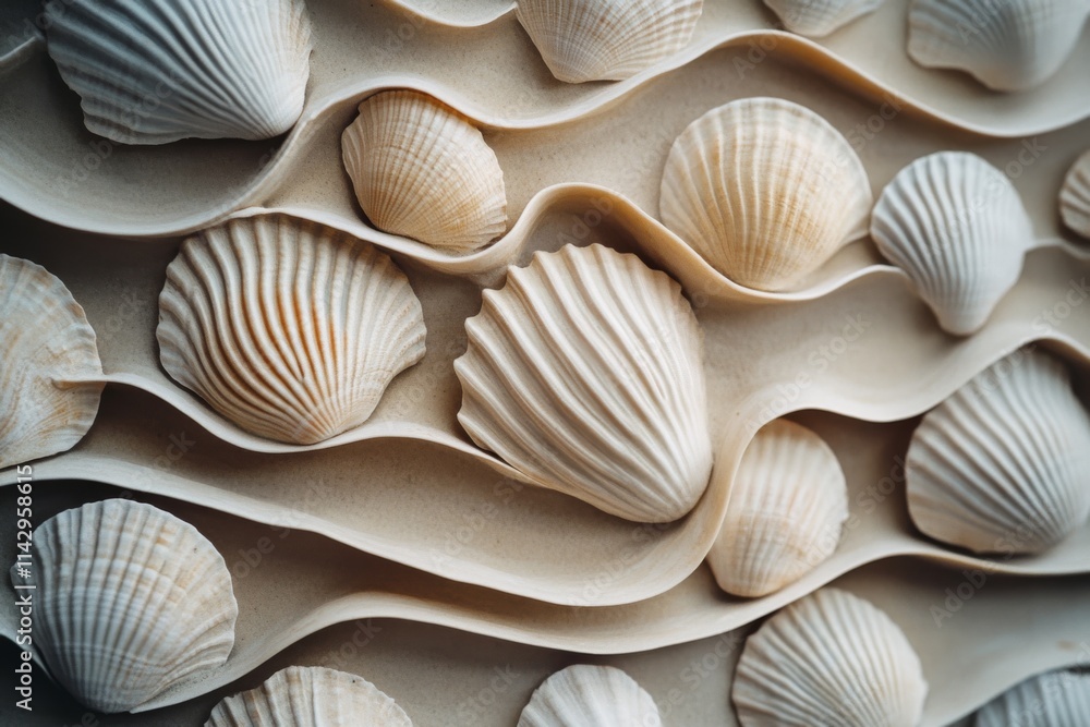Seashells intricately woven into ocean waves, their organic forms highlighted, capturing the symbiotic relationship between natural beauty and artistic design. Seashells intricately woven into ocean waves, their organic forms highlighted, capturing the symbiotic relationship between natural beauty and artistic design.