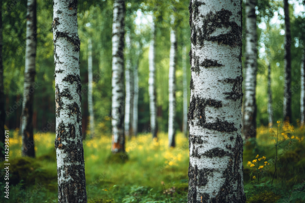 Naklejka premium Birch Forest, Tranquil Nature, Tree Bark Texture, Green Undergrowth, Sunlight Dappled