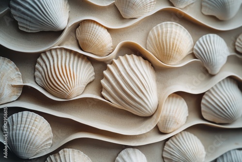 Seashells intricately woven into ocean waves, their organic forms highlighted, capturing the symbiotic relationship between natural beauty and artistic design. photo