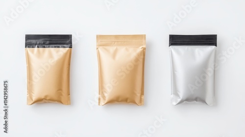 Product Packaging Mockup: Three stand-up pouches in gold, beige, and silver, offering a clean and versatile design for branding and marketing.  Perfect for showcasing your product or design.  photo