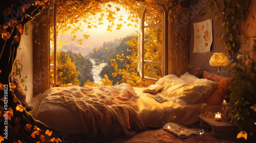 Autumnal Bedroom Dreamscape: Cozy Fall Window, Golden Leaves, Peaceful Sleep