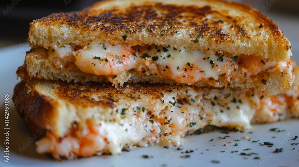 Grilled Cheese Sandwich with Shrimp Filling, Garnished with Fresh Herbs on White Plate, Close-Up Shot Highlighting Crispy Texture and Melted Cheese Grilled Cheese Sandwich with Shrimp Filling, Garnished with Fresh Herbs on White Plate, Close-Up Shot Highlighting Crispy Texture and Melted Cheese