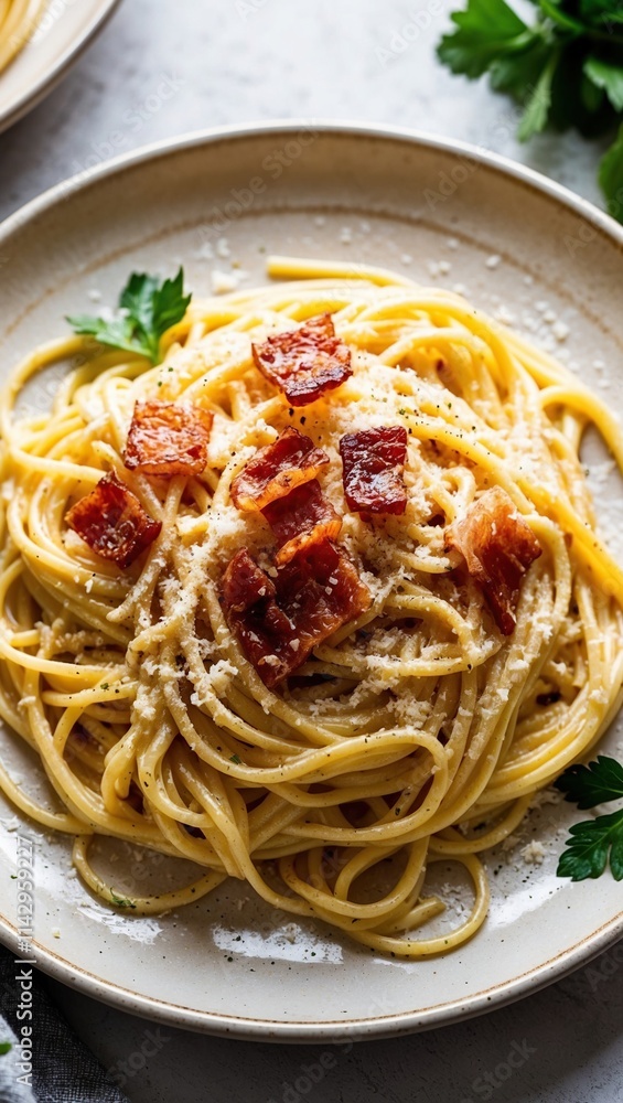 Italian pasta carbonara garnished with crispy bacon and parsley on plate Italian pasta carbonara garnished with crispy bacon and parsley on plate