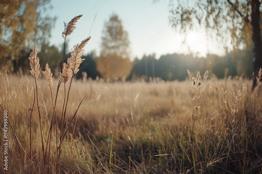 Fototapeta premium Golden grasses sway gently in a sunlit field, framed by distant autumn trees, capturing the serene beauty of a late afternoon in nature.