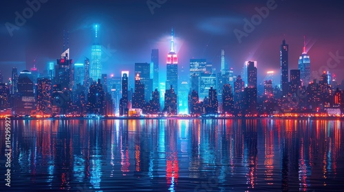 Wallpaper Mural Vibrant city skyline at night, reflecting lights on water. Torontodigital.ca