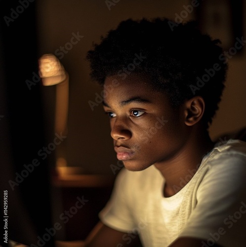 Amazing high resolution photos of African American teenager staring at computer. Atmospheric moment