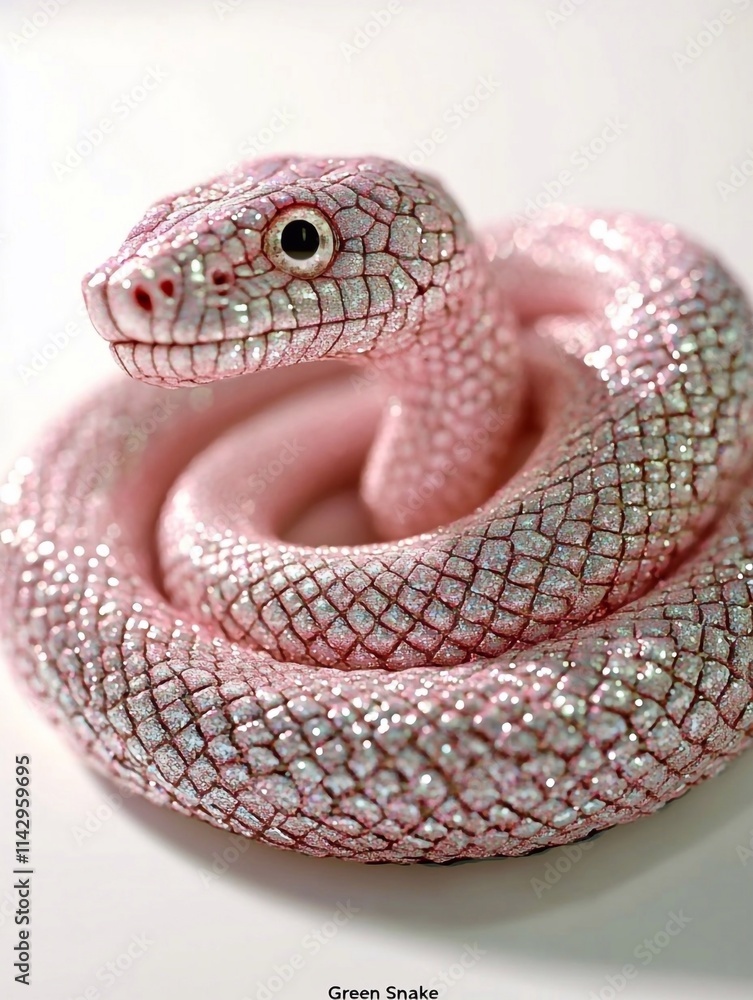 Fototapeta premium Distinctive pink snake with iridescent scales coiled on a neutral background
