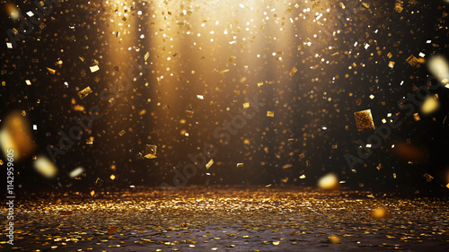 Wallpaper Mural Golden confetti on empty festive stage with light. Generative AI illustration Torontodigital.ca