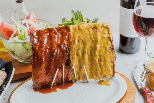 BBQ rib in two sauces, restaurant plating
