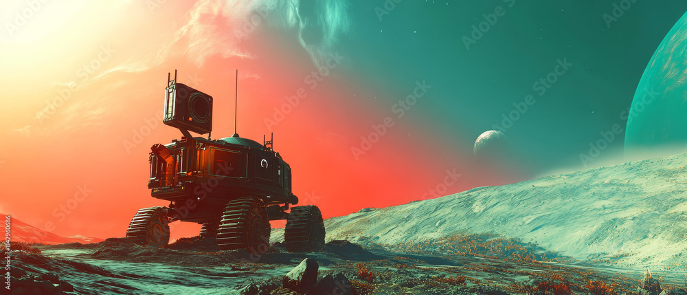 Space Habitat Robot on Alien Planet Landscape Space Habitat Robot on Alien Planet Landscape