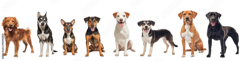 eight dogs of different breeds and colors are sitting and standing on a transparent background the dogs are all looking at the camera with their tongues out some of the dogs are smiling the dogs are a eight dogs of different breeds and colors are sitting and standing on a transparent background the dogs are all looking at the camera with their tongues out some of the dogs are smiling the dogs are a
