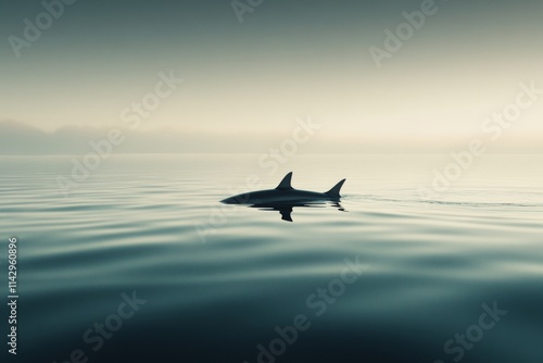 A lone dolphin emerges in a vast, tranquil sea at twilight, painting a serene and contemplative picture amid soft ripples. photo