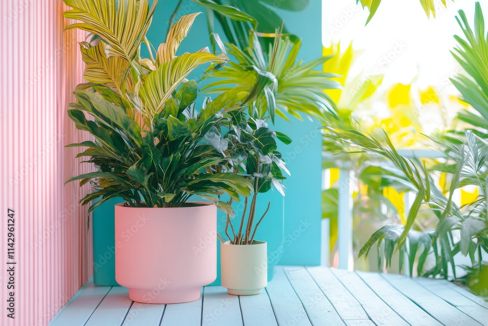 Fototapeta premium Tropical Balcony Garden: Pastel Pink Planters, Lush Greenery
