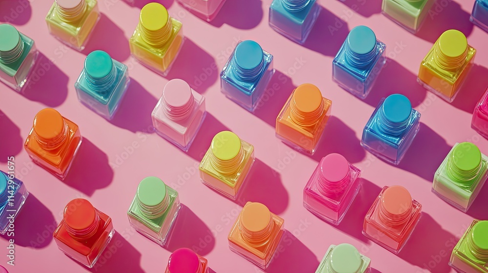 A flat-lay of colorful nail polish bottles in bright shades on a playful pink surface, perfect for beauty marketing. A flat-lay of colorful nail polish bottles in bright shades on a playful pink surface, perfect for beauty marketing.