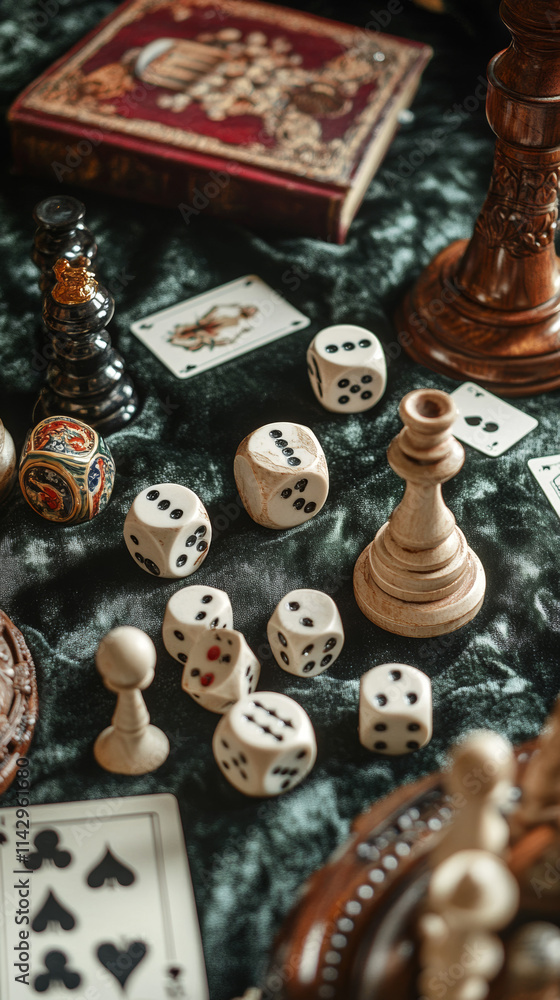 Fototapeta premium Vintage Game Pieces, Dice, Cards, and Chess on Velvet