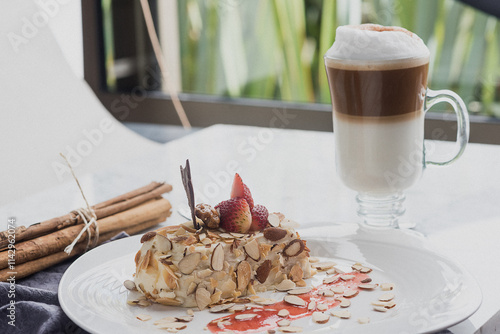 cheesecake with sliced ​​almonds and strawberries with cappuccino
